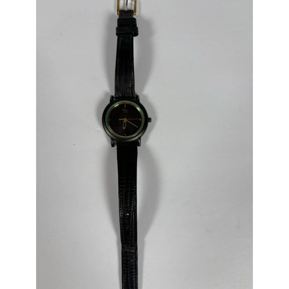 Timex Quartz Women's Watch Black Gold Tone Leather Strap